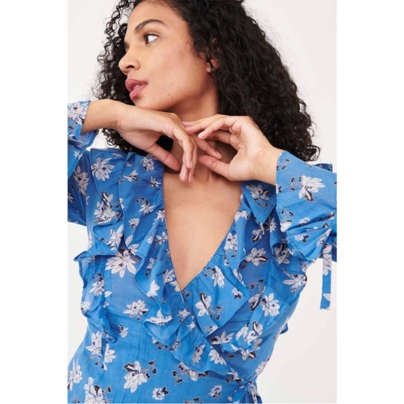 Free People Amanda Ruffle Top in Blue and White Cool Combo Size XS - Picture 4 of 15